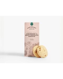 A light pink box of Cartwright & Butler strawberry & white chocolate biscuits with illustrations of flowers and strawberries, with two biscuits propped up against the box 