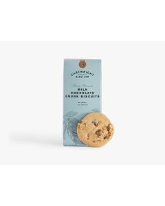 A light blue box of Cartwright & Butler milk chocolate chunk biscuits with illustrations of plants that are in grey, with a biscuit propped up against the box