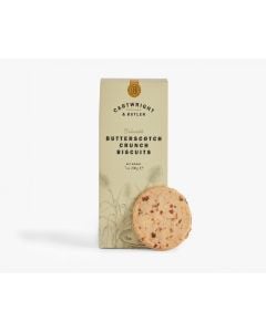 A pale green box of Cartwright & Butler butterscotch crunch biscuits with illustrations of a plant in grey. There is a biscuit leaning against the box 