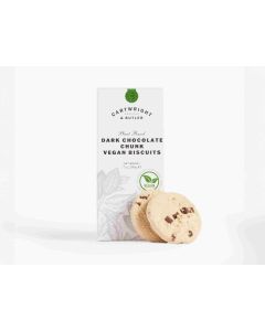 A white box of Cartwright & Butler dark chocolate chunk vegan biscuits with a light grey illustration and a vegan stamp in green with two biscuits leaning against the box 