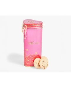 A pink love heart tin with gold clasp and gold writing that says with love and flowers in red and gold, in front of the tin is two biscuits 