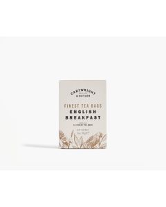 Cream box of Cartwright & Butler English breakfast tea bags with illustrations of brown leaves and a bird.