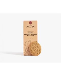Light orange box of Cartwright & Butler stem & ground ginger biscuits with a teapot and leaves illustrated in grey, with a biscuit leant against the box 