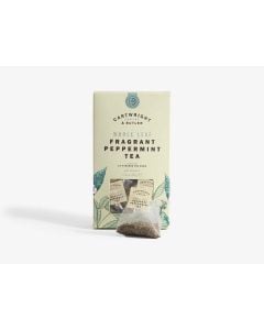 Light green box with small clear window of Cartwright & Butler fragrant peppermint tea with illustrations of leaves in green. In front of the box is a tea bag